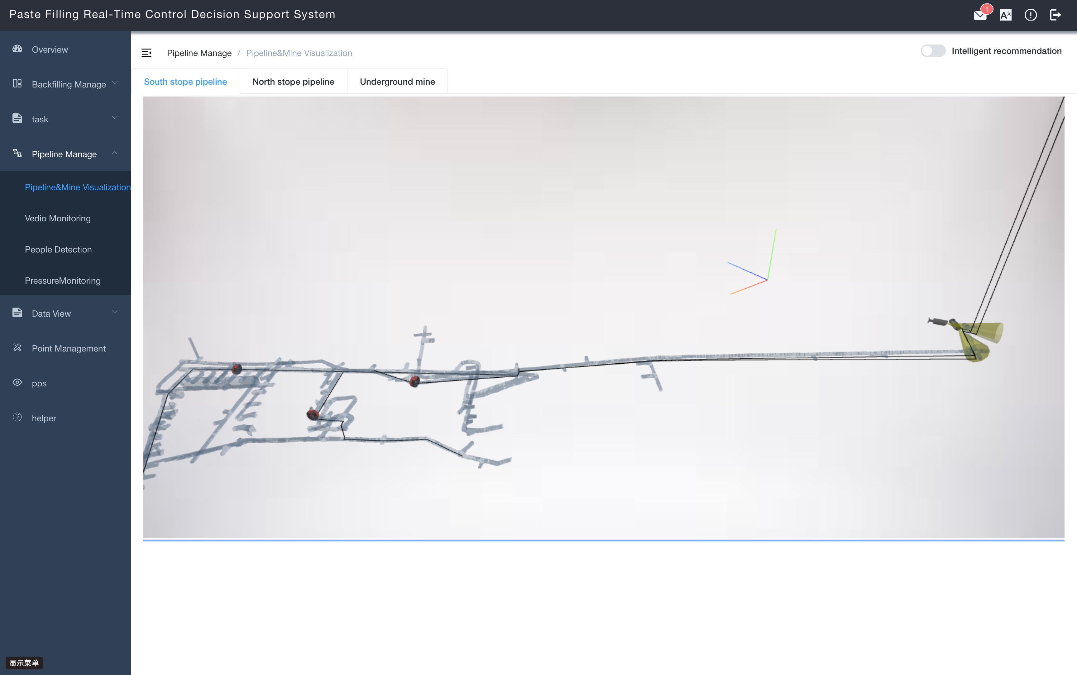 3D underground mine and pipeline network visualization in English interface